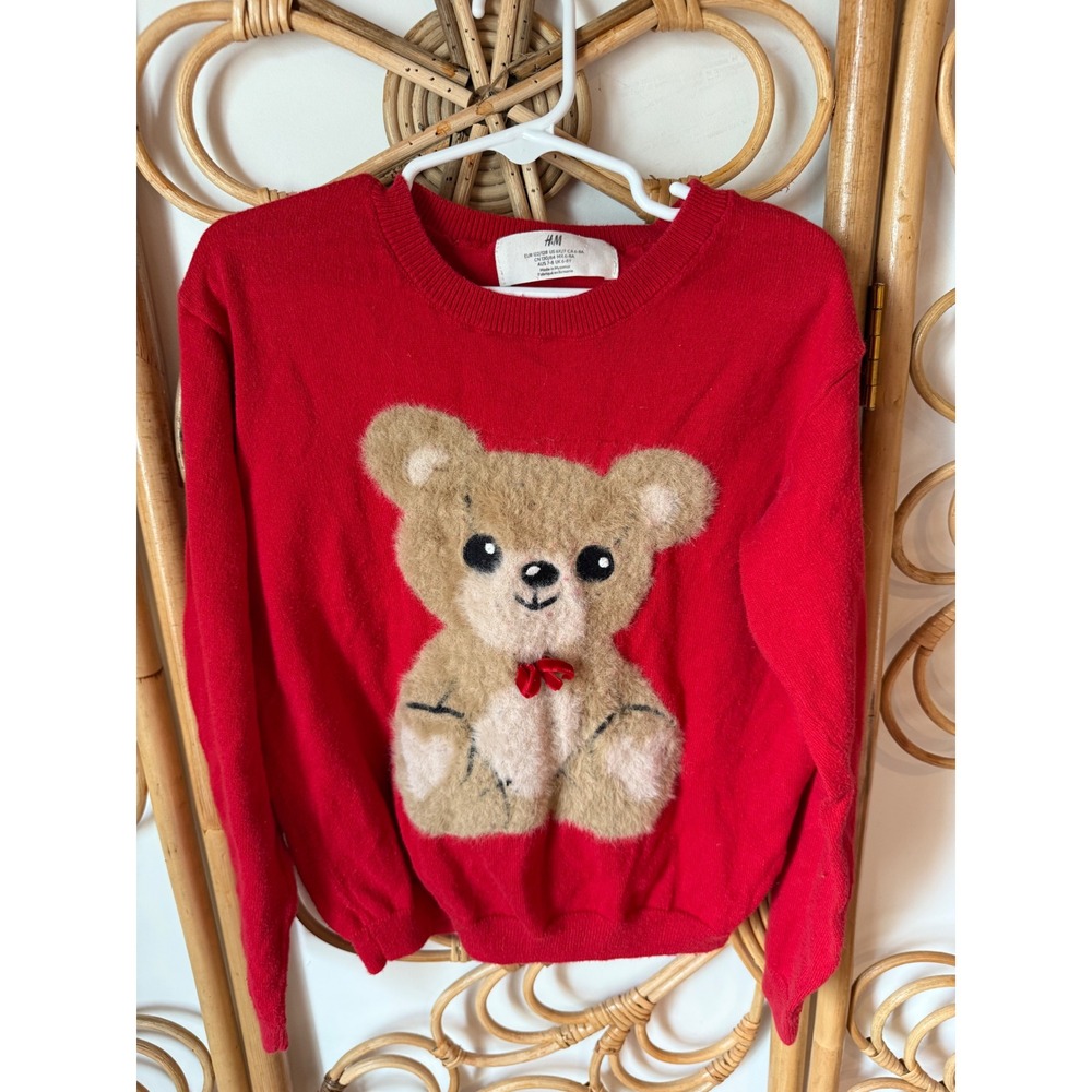 H&M Kids Red Teddy Bear Sweater‎ Size 7 8 Years
